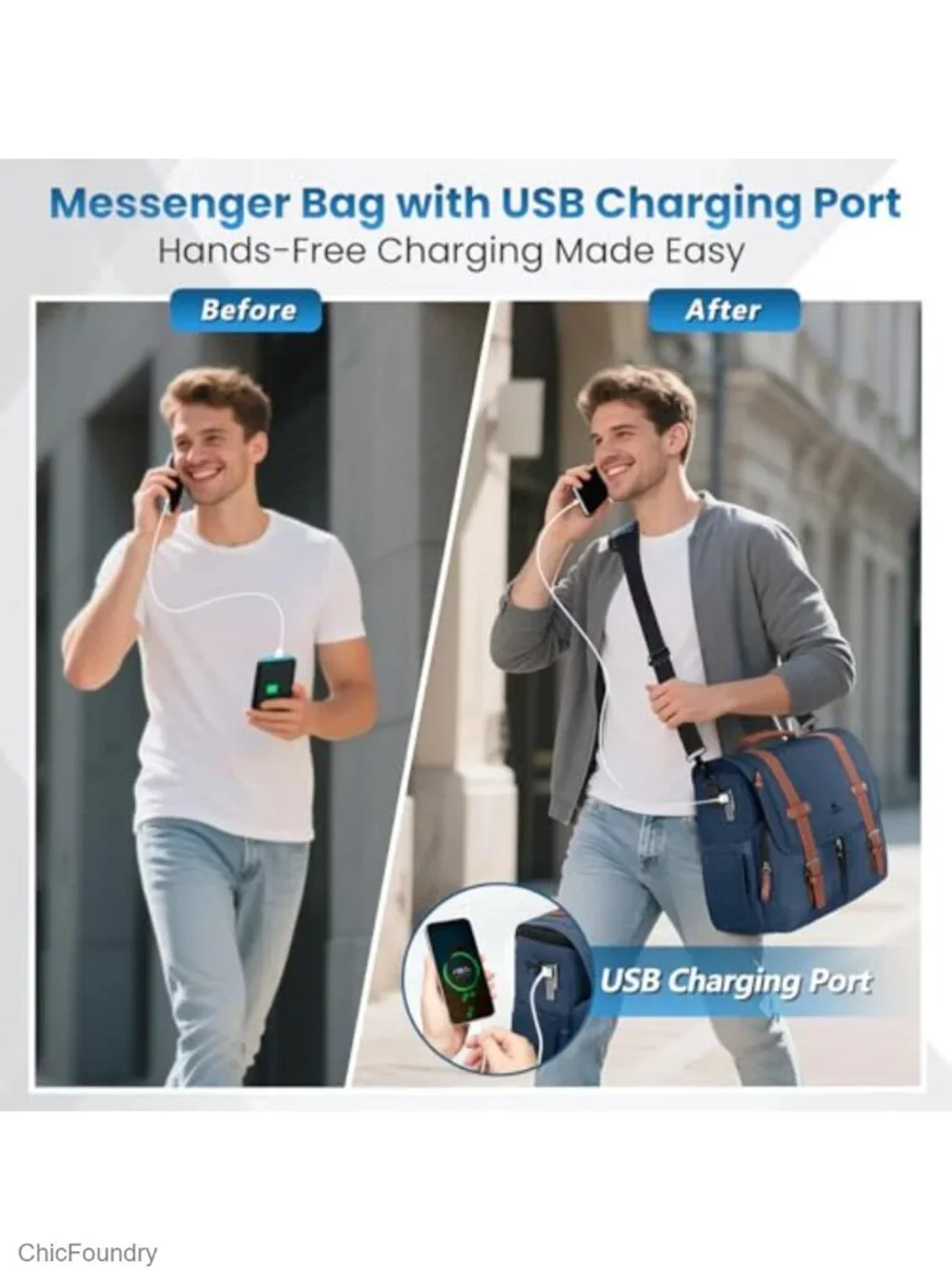 Laptop Briefcase Messenger Bag with USB Charging Port, Polyester